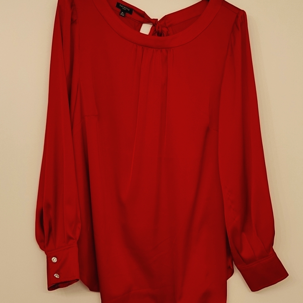 Talbots red satin blouse in XL. Rhinestone cuff buttons and feminine tie back.